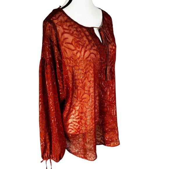 Lane Bryant Blouse Womens 14/16 Burnt Orange Sheer Boho Peasant Top Long Sleeve - Picture 6 of 11